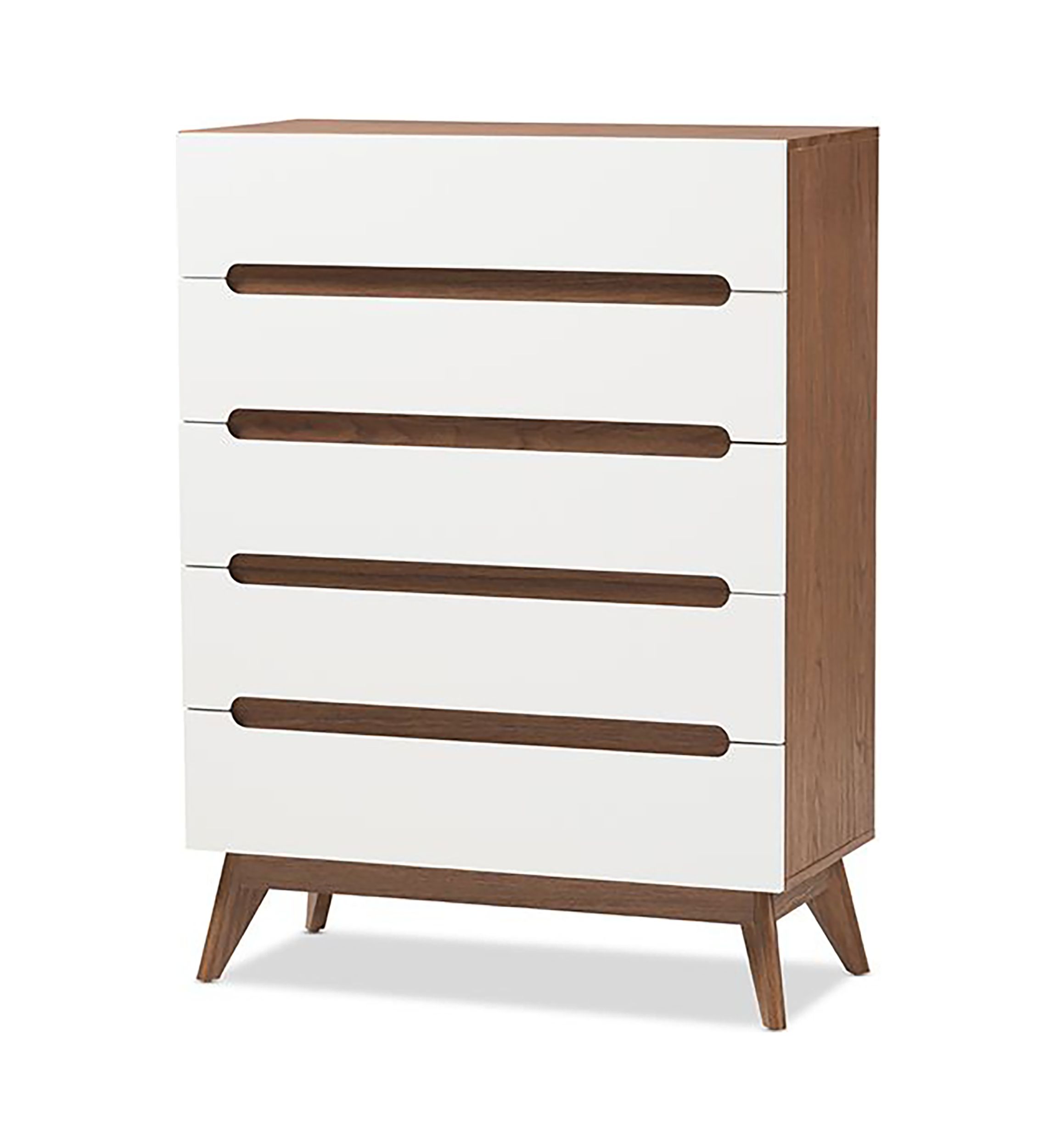 Calypso Mid-Century Modern White and Walnut Wood 5-Drawer Storage Chest