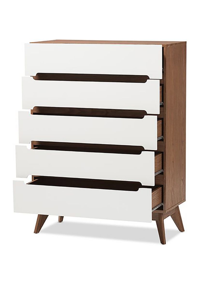 Calypso Mid-Century Modern White and Walnut Wood 5-Drawer Storage Chest