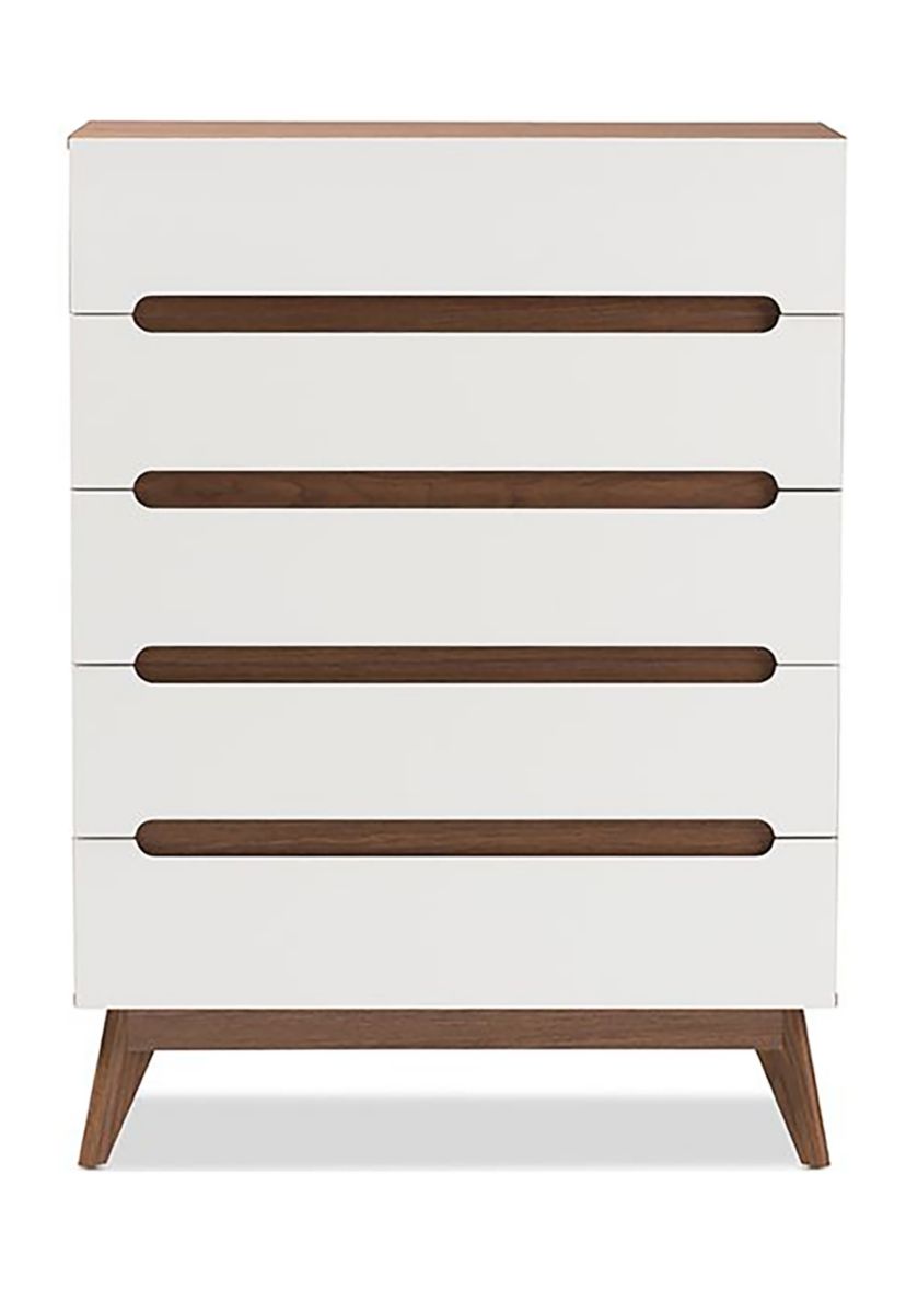 Calypso Mid-Century Modern White and Walnut Wood 5-Drawer Storage Chest