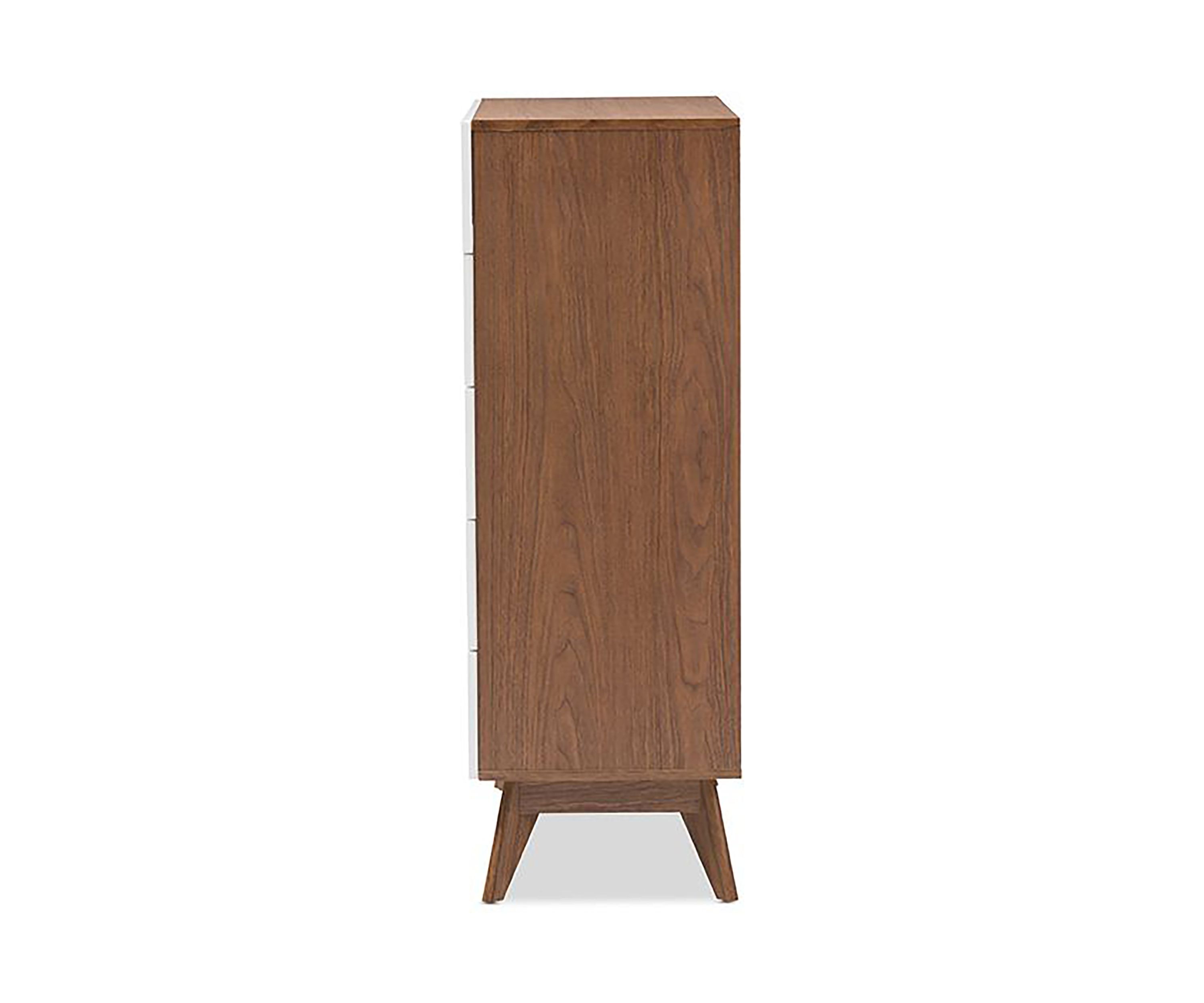 Calypso Mid-Century Modern White and Walnut Wood 5-Drawer Storage Chest