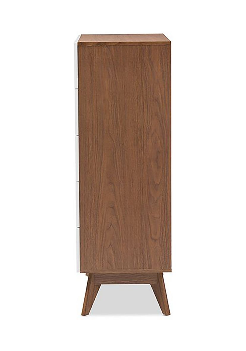 Calypso Mid-Century Modern White and Walnut Wood 5-Drawer Storage Chest
