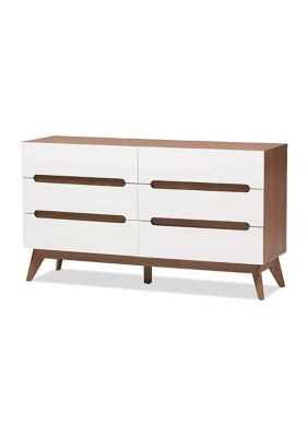 Baxton Studio Calypso Mid-Century Modern White and Walnut Wood 6-Drawer Storage Dresser, Brown