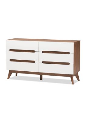 Calypso Mid-Century Modern White and Walnut Wood 6-Drawer Storage Dresser