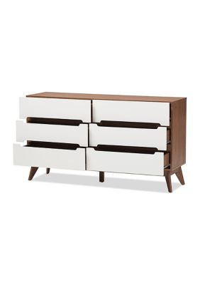 Calypso Mid-Century Modern White and Walnut Wood 6-Drawer Storage Dresser