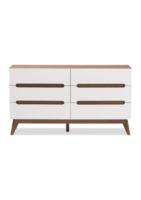 Calypso Mid-Century Modern White and Walnut Wood 6-Drawer Storage Dresser