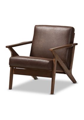 Bianca Mid-Century Modern Walnut Wood Dark Brown Distressed Faux Leather Effect Lounge Chair