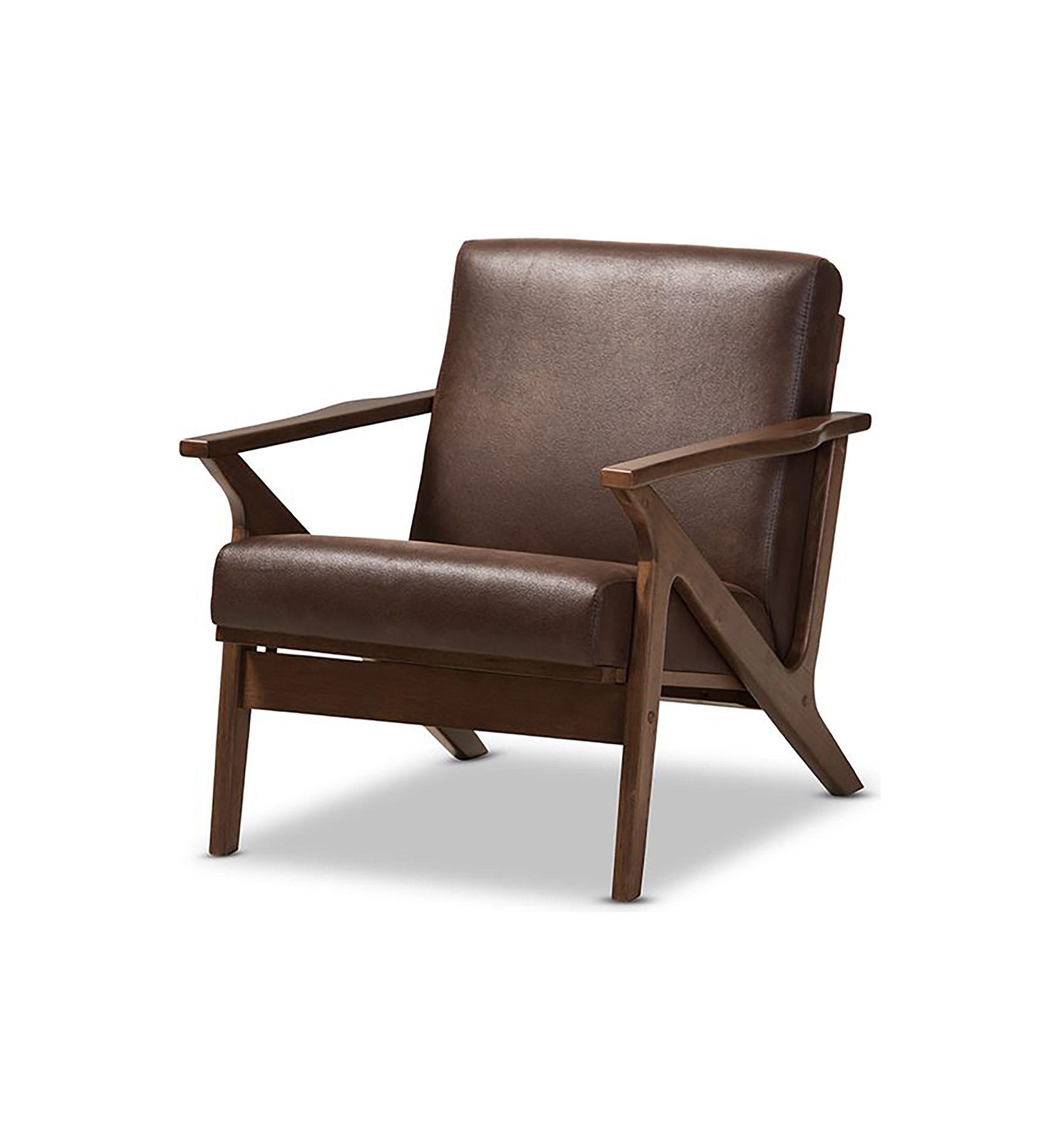 Bianca Mid-Century Modern Walnut Wood Dark Brown Distressed Faux Leather Effect Lounge Chair
