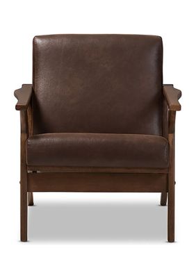 Bianca Mid-Century Modern Walnut Wood Dark Brown Distressed Faux Leather Effect Lounge Chair