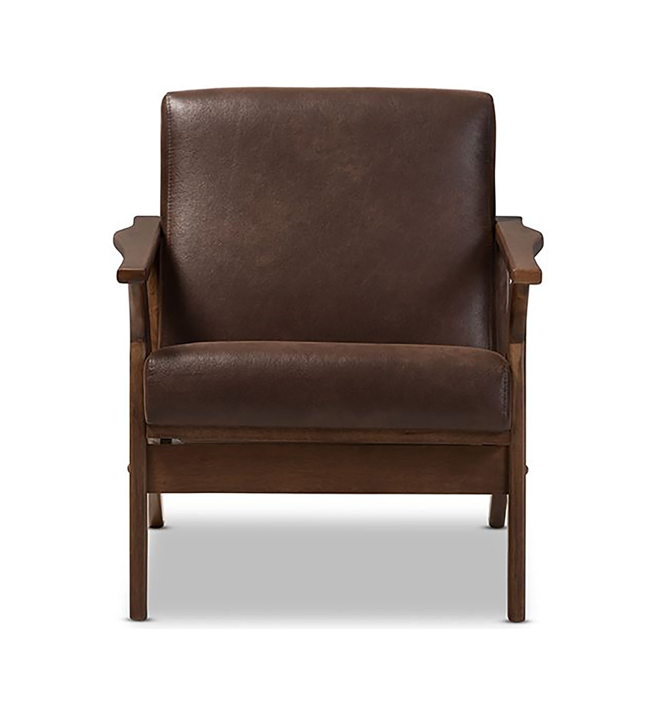 Bianca Mid-Century Modern Walnut Wood Dark Brown Distressed Faux Leather Effect Lounge Chair