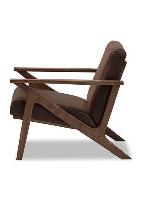 Bianca Mid-Century Modern Walnut Wood Dark Brown Distressed Faux Leather Effect Lounge Chair