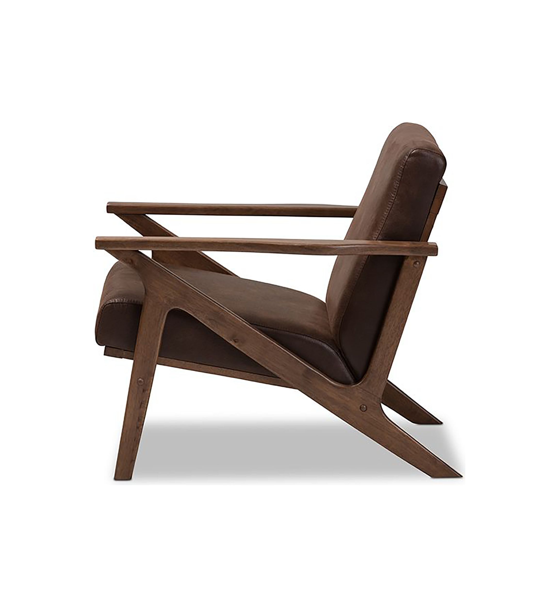 Bianca Mid-Century Modern Walnut Wood Dark Brown Distressed Faux Leather Effect Lounge Chair