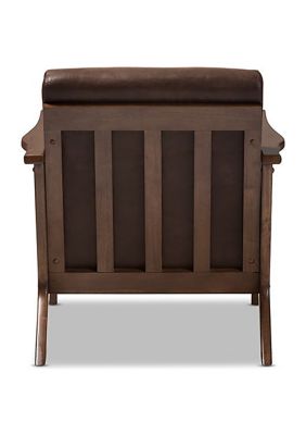 Bianca Mid-Century Modern Walnut Wood Dark Brown Distressed Faux Leather Effect Lounge Chair