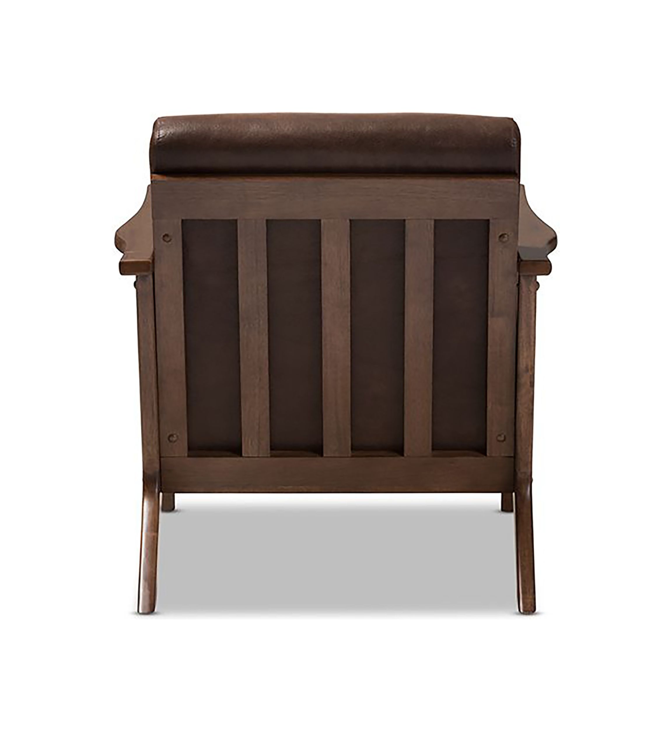 Bianca Mid-Century Modern Walnut Wood Dark Brown Distressed Faux Leather Effect Lounge Chair