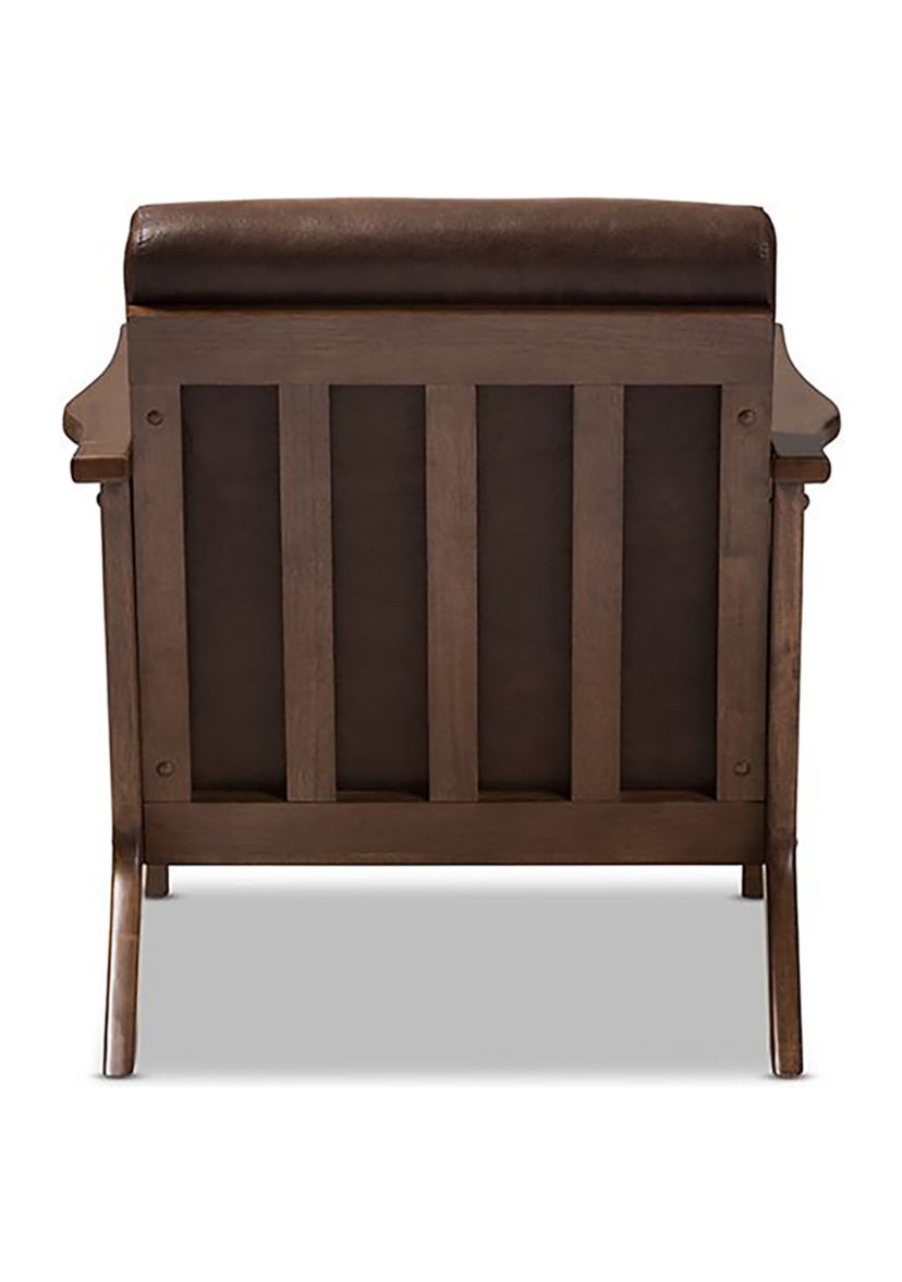 Bianca Mid-Century Modern Walnut Wood Dark Brown Distressed Faux Leather Effect Lounge Chair
