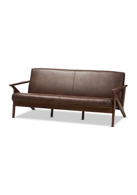 Bianca Mid-Century Modern Walnut Wood Dark Brown Distressed Faux Leather Effect 3-Seater Sofa