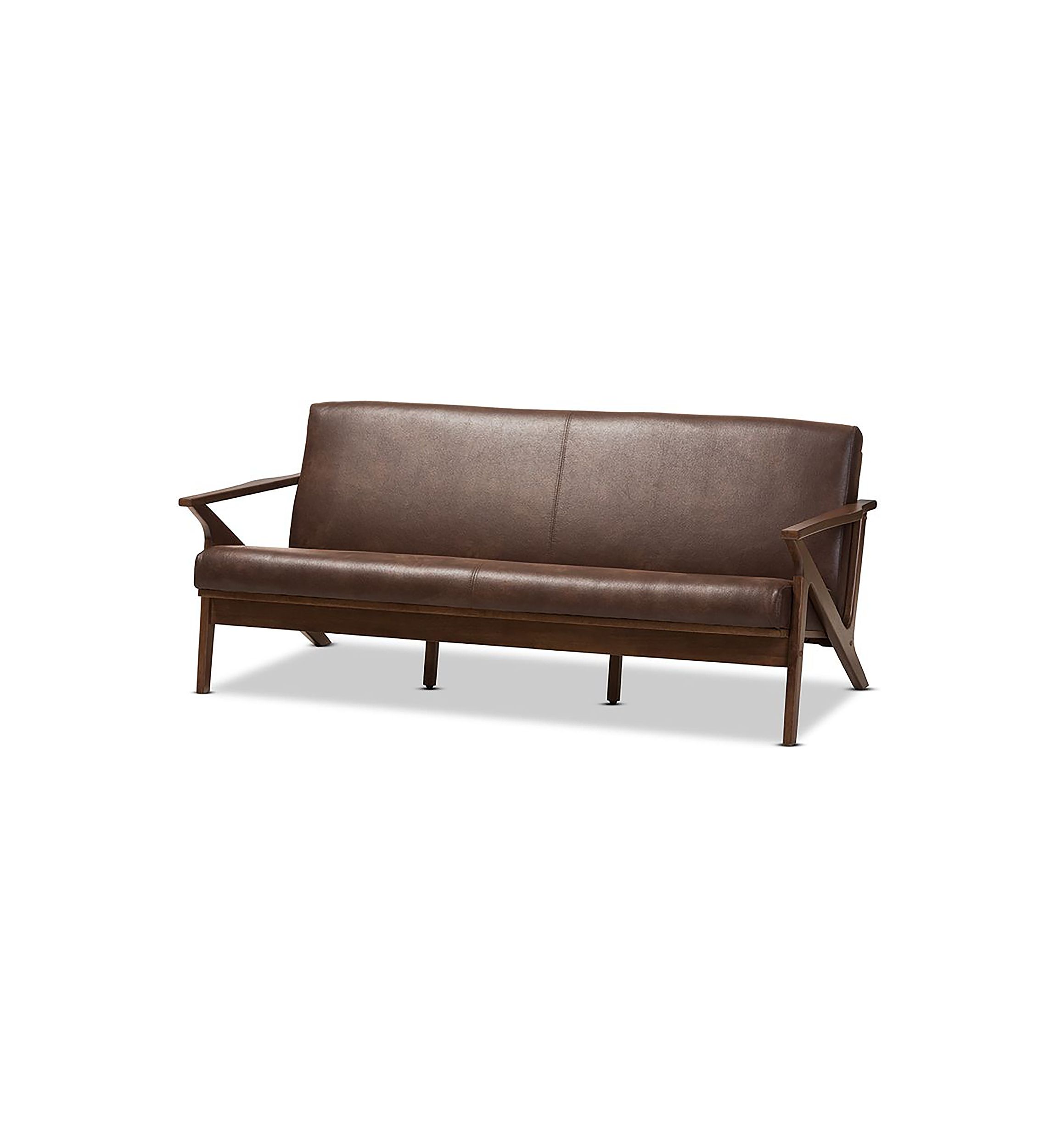 Bianca Mid-Century Modern Walnut Wood Dark Brown Distressed Faux Leather Effect 3-Seater Sofa