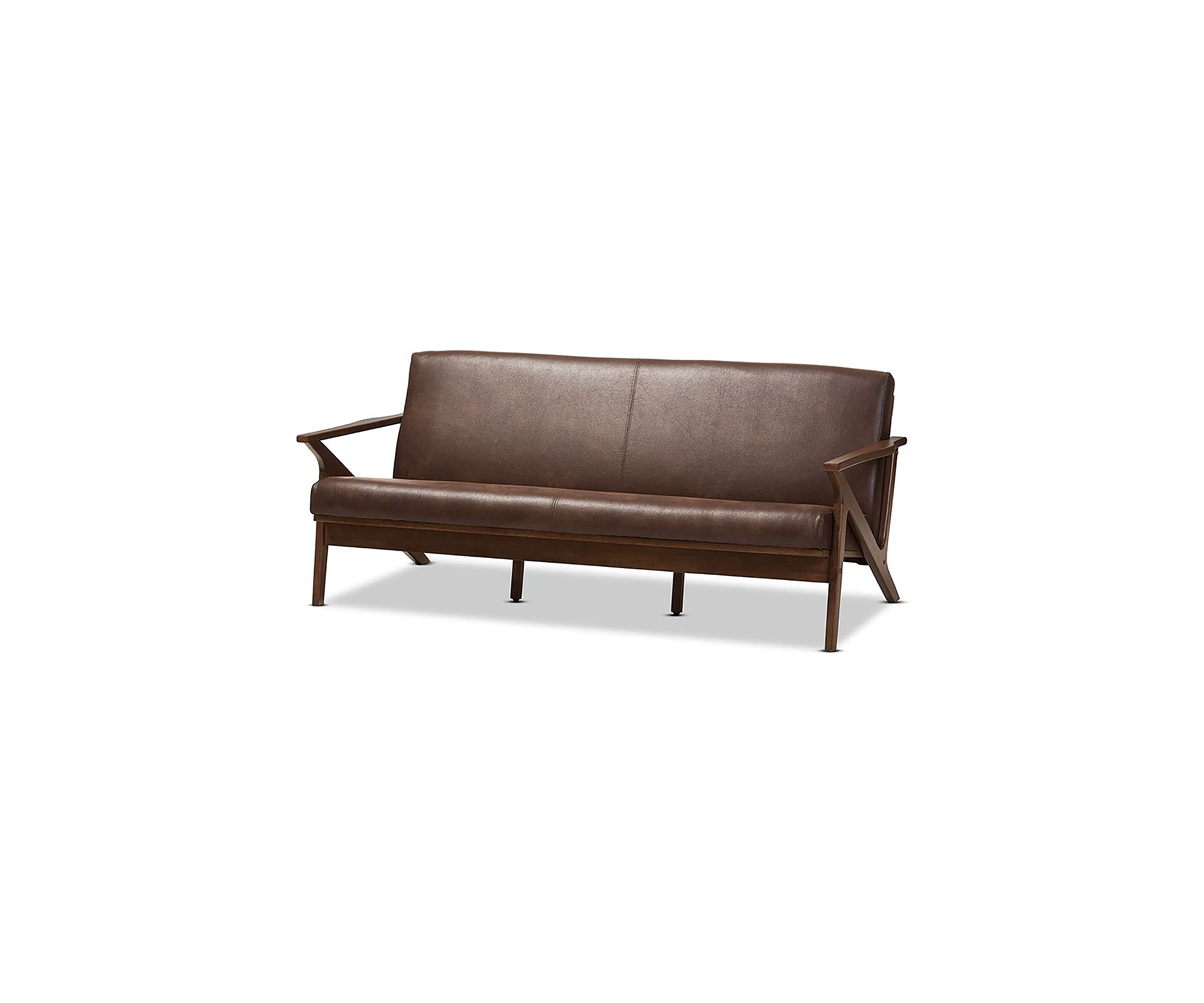 Bianca Mid-Century Modern Walnut Wood Dark Brown Distressed Faux Leather Effect 3-Seater Sofa