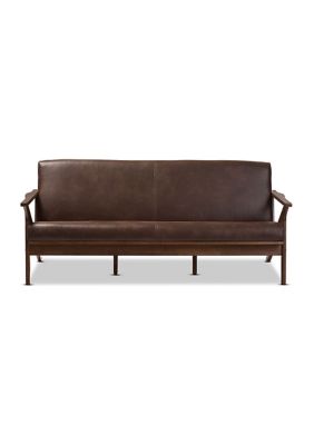 Bianca Mid-Century Modern Walnut Wood Dark Brown Distressed Faux Leather Effect 3-Seater Sofa