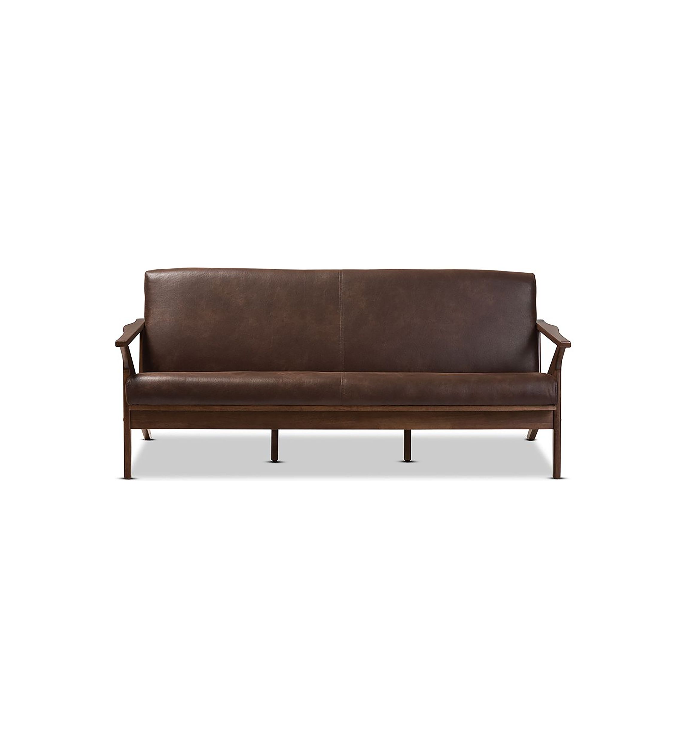 Bianca Mid-Century Modern Walnut Wood Dark Brown Distressed Faux Leather Effect 3-Seater Sofa