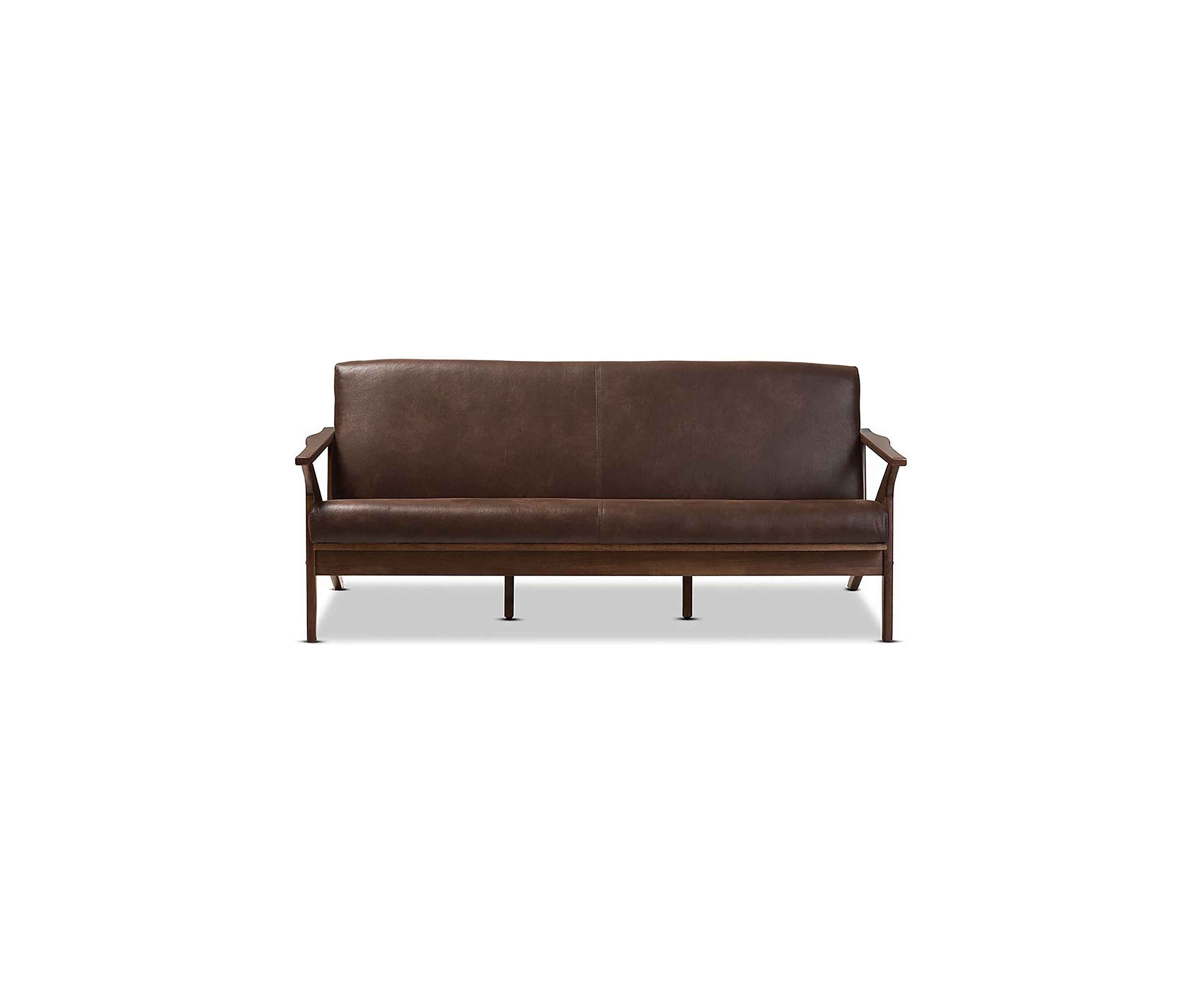 Bianca Mid-Century Modern Walnut Wood Dark Brown Distressed Faux Leather Effect 3-Seater Sofa