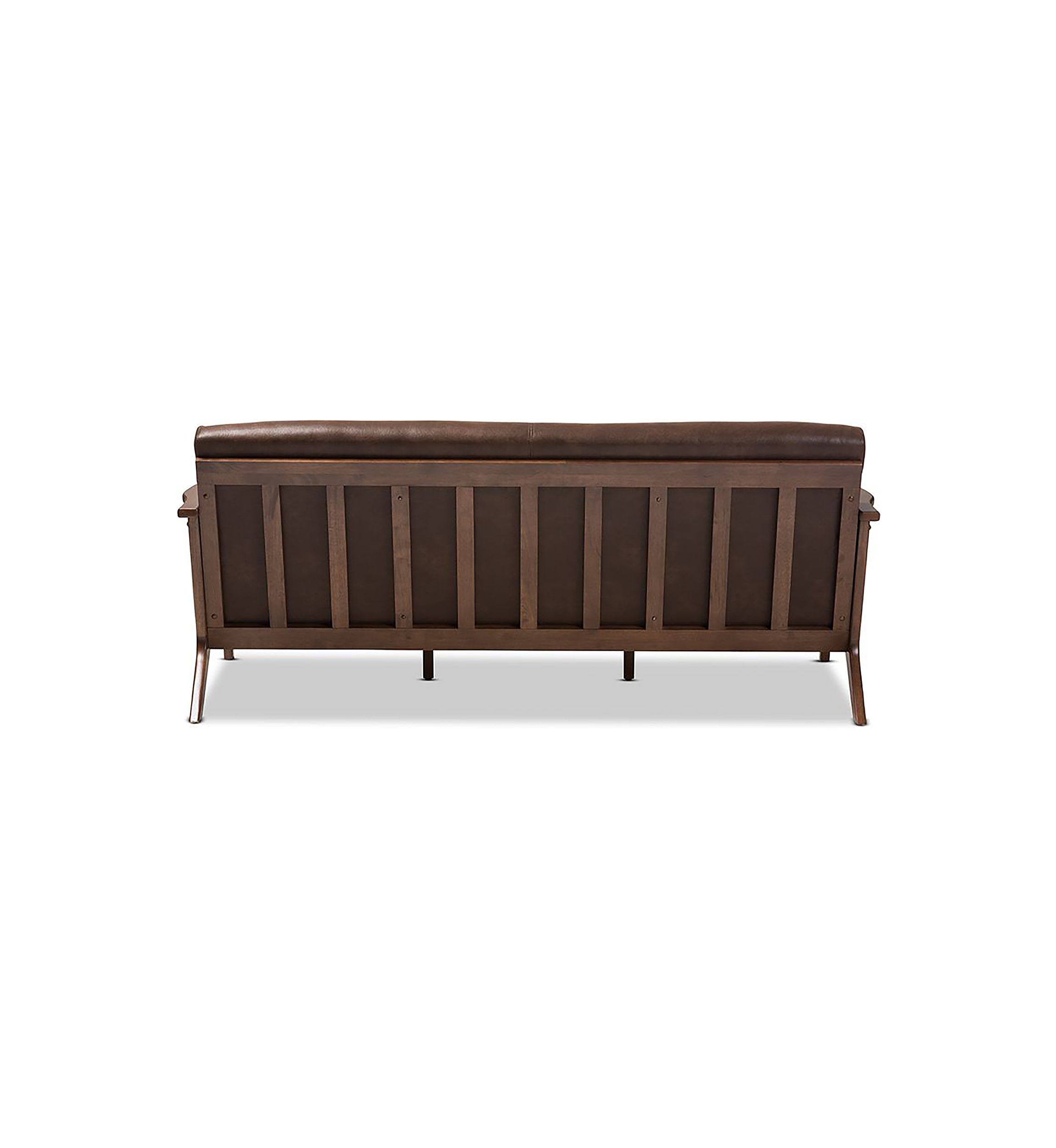 Bianca Mid-Century Modern Walnut Wood Dark Brown Distressed Faux Leather Effect 3-Seater Sofa