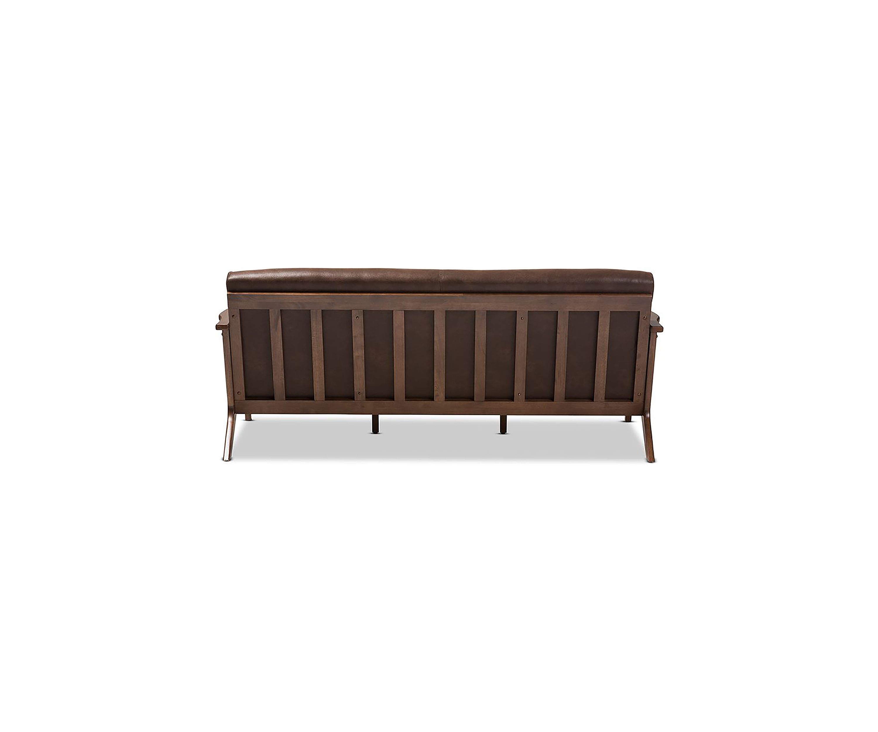 Bianca Mid-Century Modern Walnut Wood Dark Brown Distressed Faux Leather Effect 3-Seater Sofa