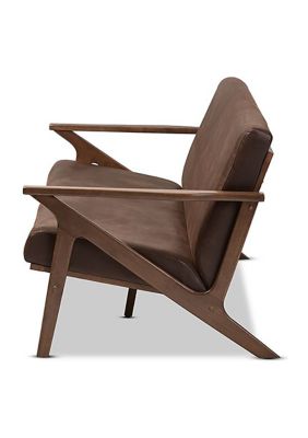 Bianca Mid-Century Modern Walnut Wood Dark Brown Distressed Faux Leather Effect 3-Seater Sofa