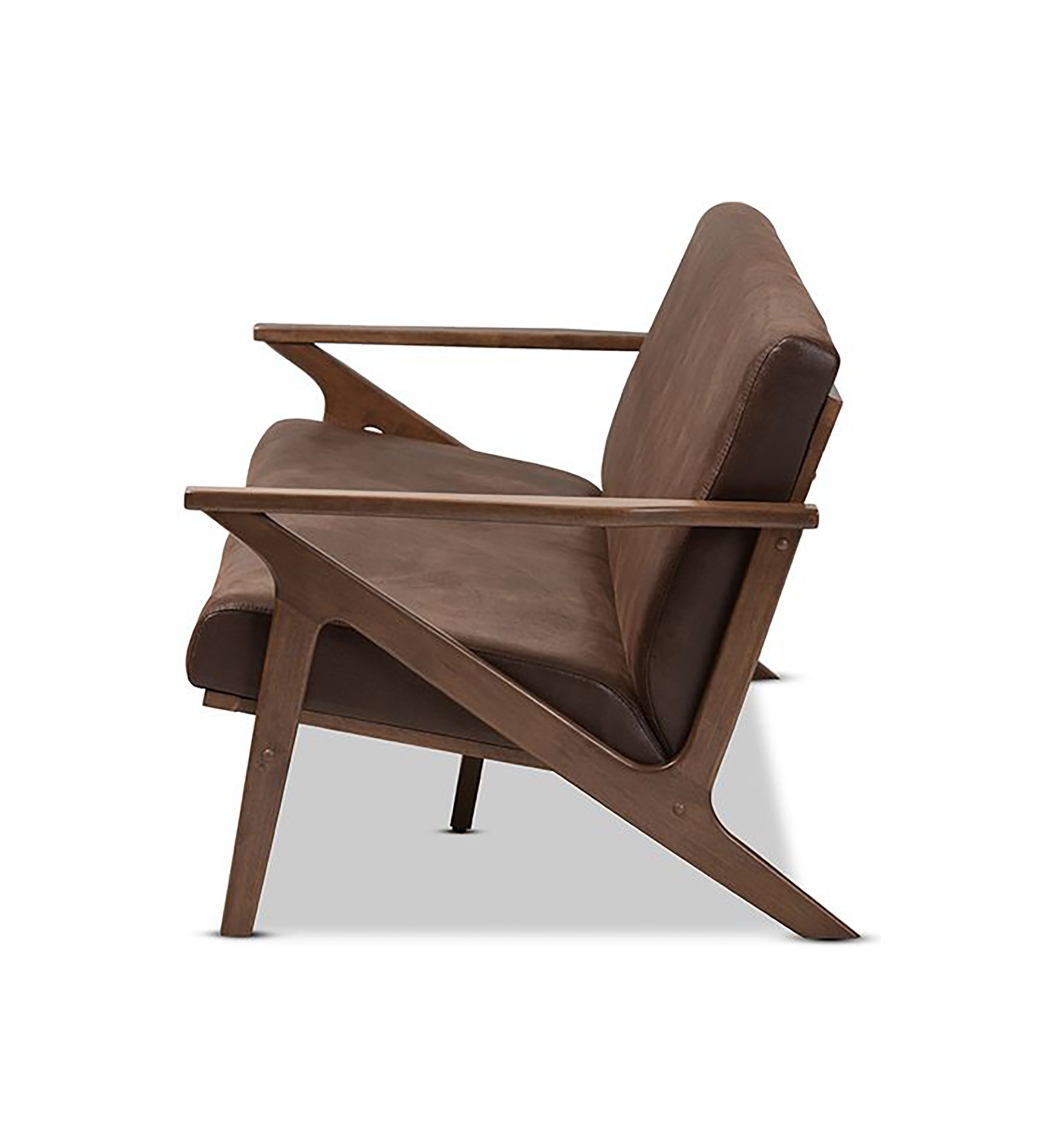 Bianca Mid-Century Modern Walnut Wood Dark Brown Distressed Faux Leather Effect 3-Seater Sofa