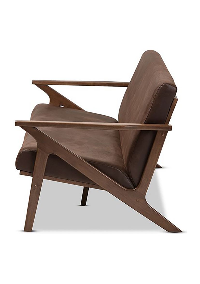 Bianca Mid-Century Modern Walnut Wood Dark Brown Distressed Faux Leather Effect 3-Seater Sofa