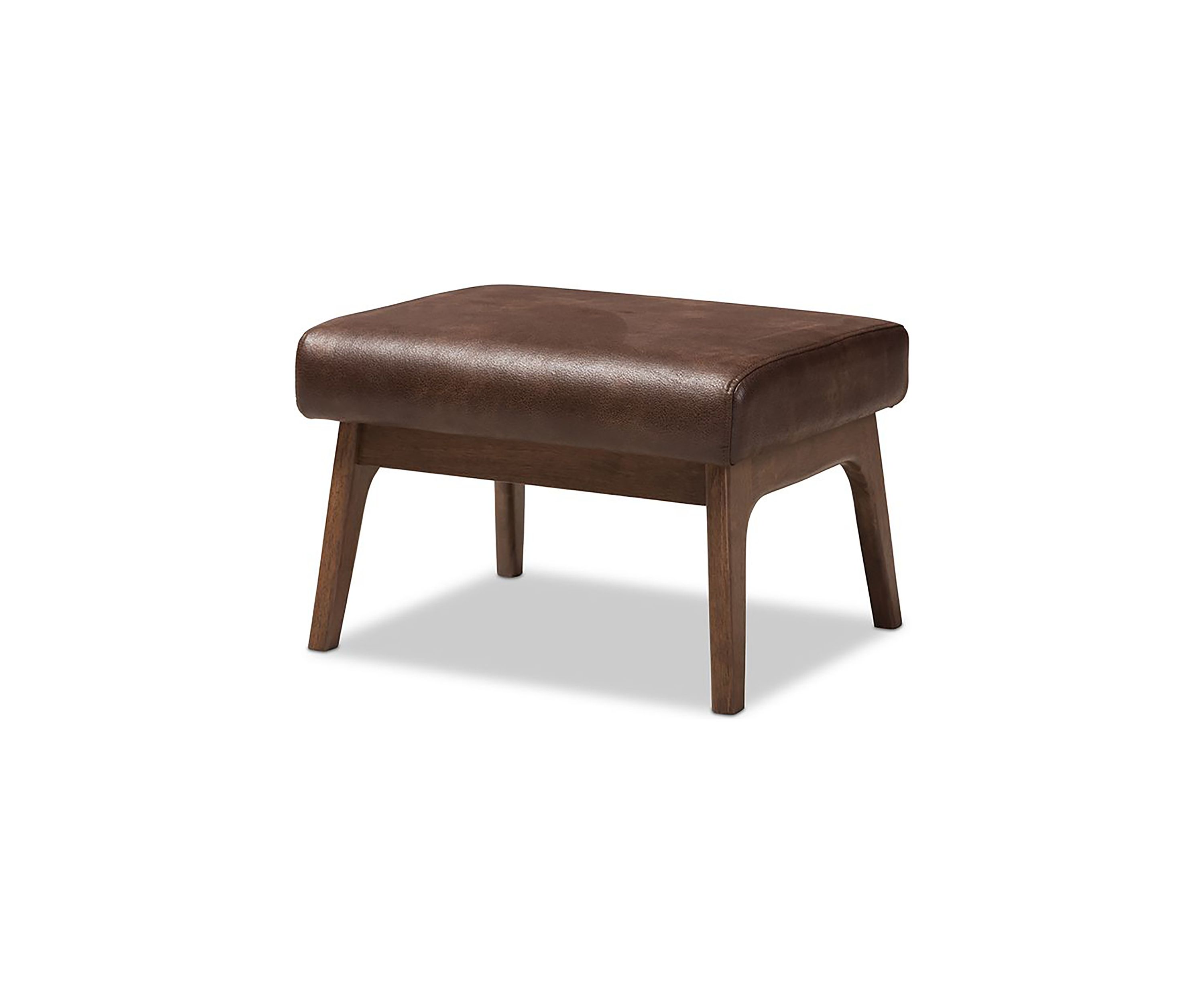 Bianca Mid-Century Modern Walnut Wood Dark Brown Distressed Faux Leather Effect Ottoman