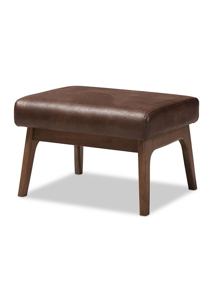 Bianca Mid-Century Modern Walnut Wood Dark Brown Distressed Faux Leather Effect Ottoman