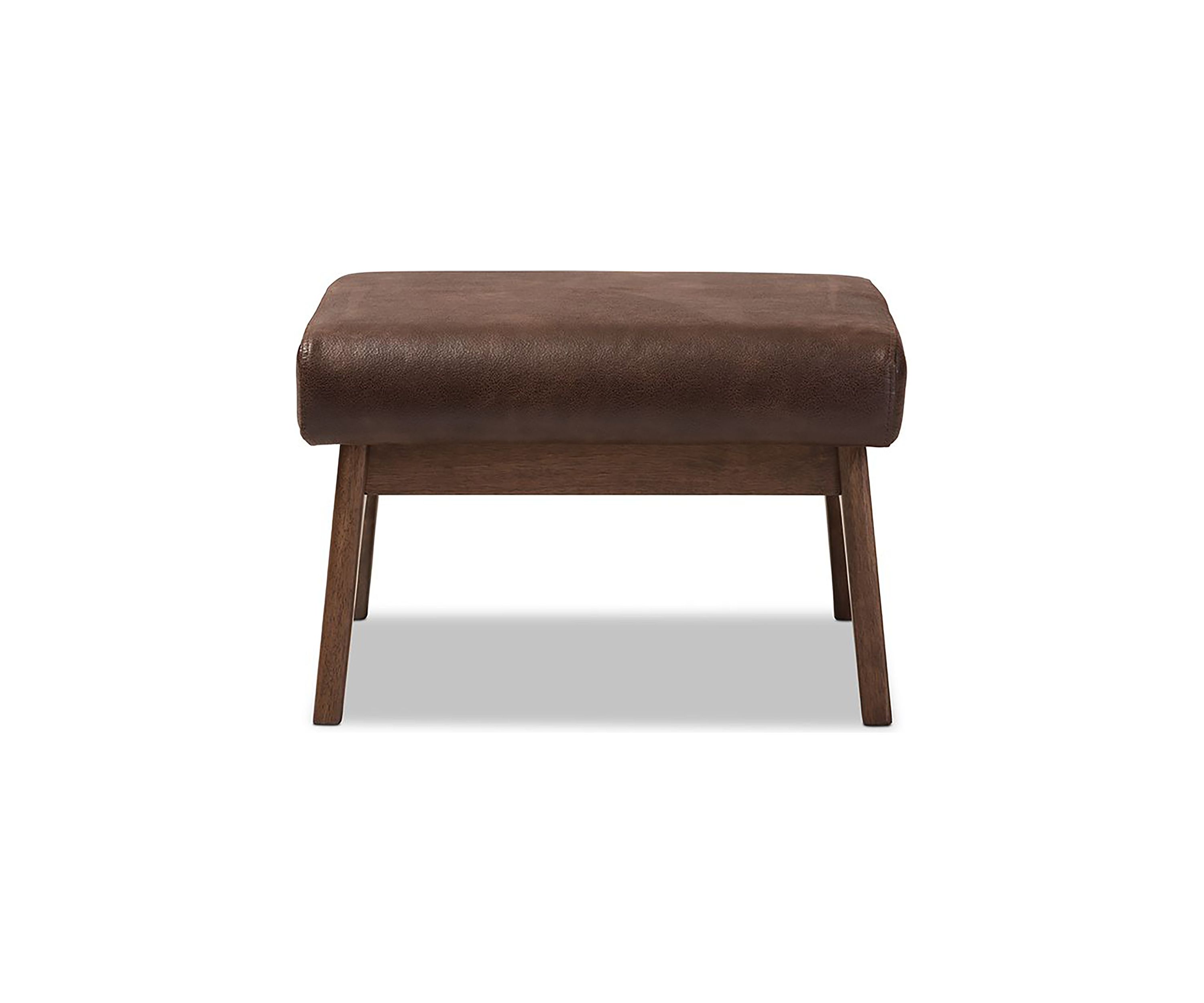 Bianca Mid-Century Modern Walnut Wood Dark Brown Distressed Faux Leather Effect Ottoman