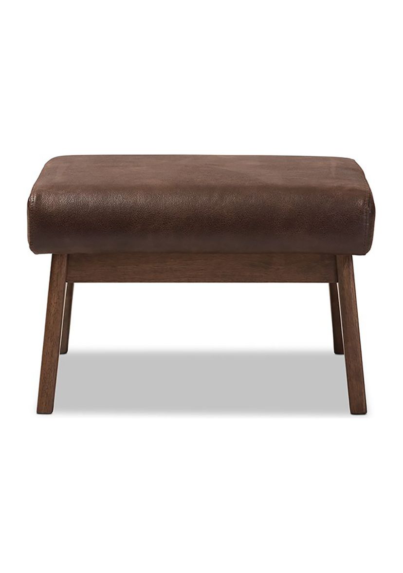 Bianca Mid-Century Modern Walnut Wood Dark Brown Distressed Faux Leather Effect Ottoman