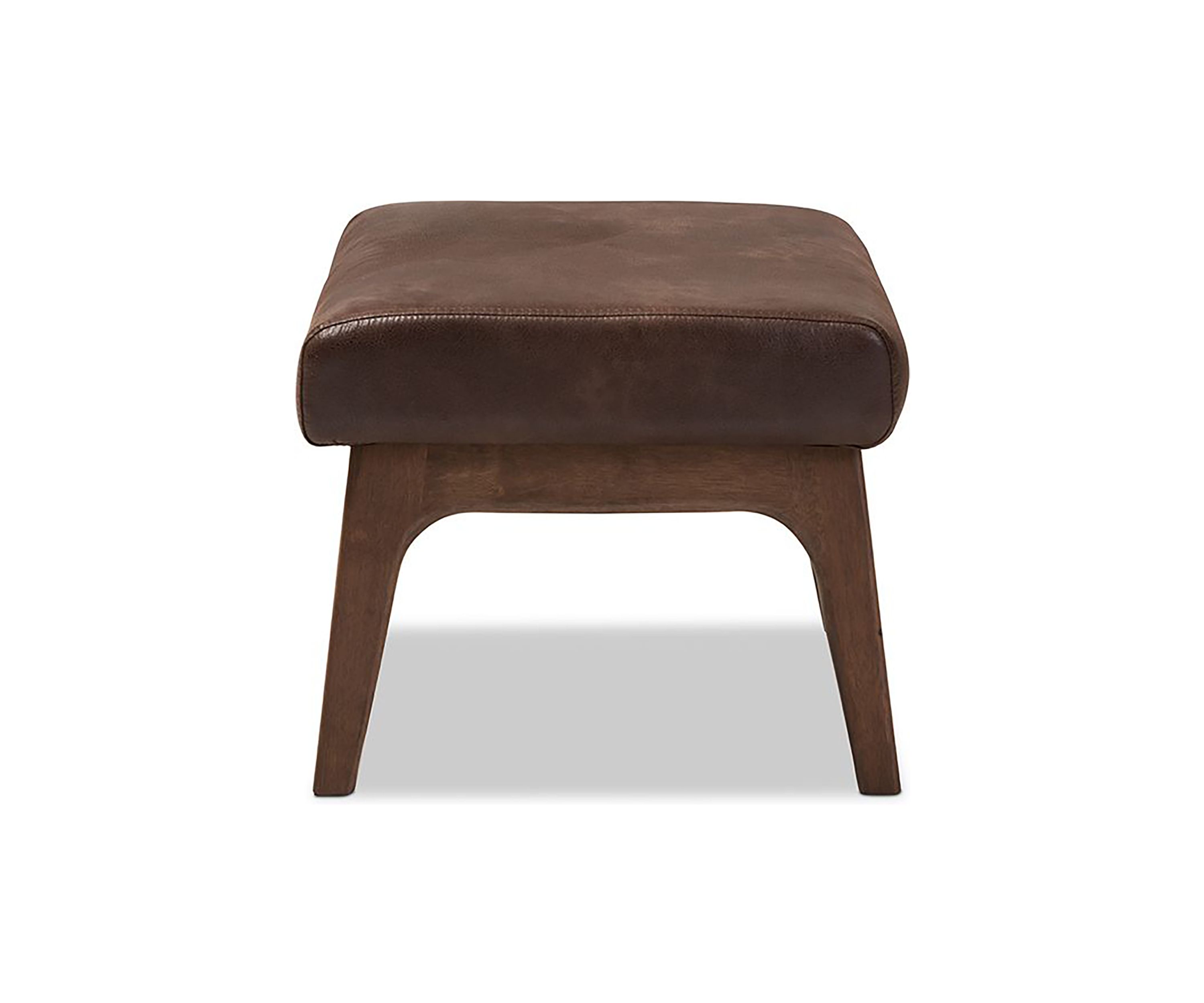 Bianca Mid-Century Modern Walnut Wood Dark Brown Distressed Faux Leather Effect Ottoman