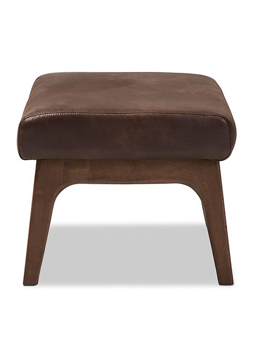 Bianca Mid-Century Modern Walnut Wood Dark Brown Distressed Faux Leather Effect Ottoman