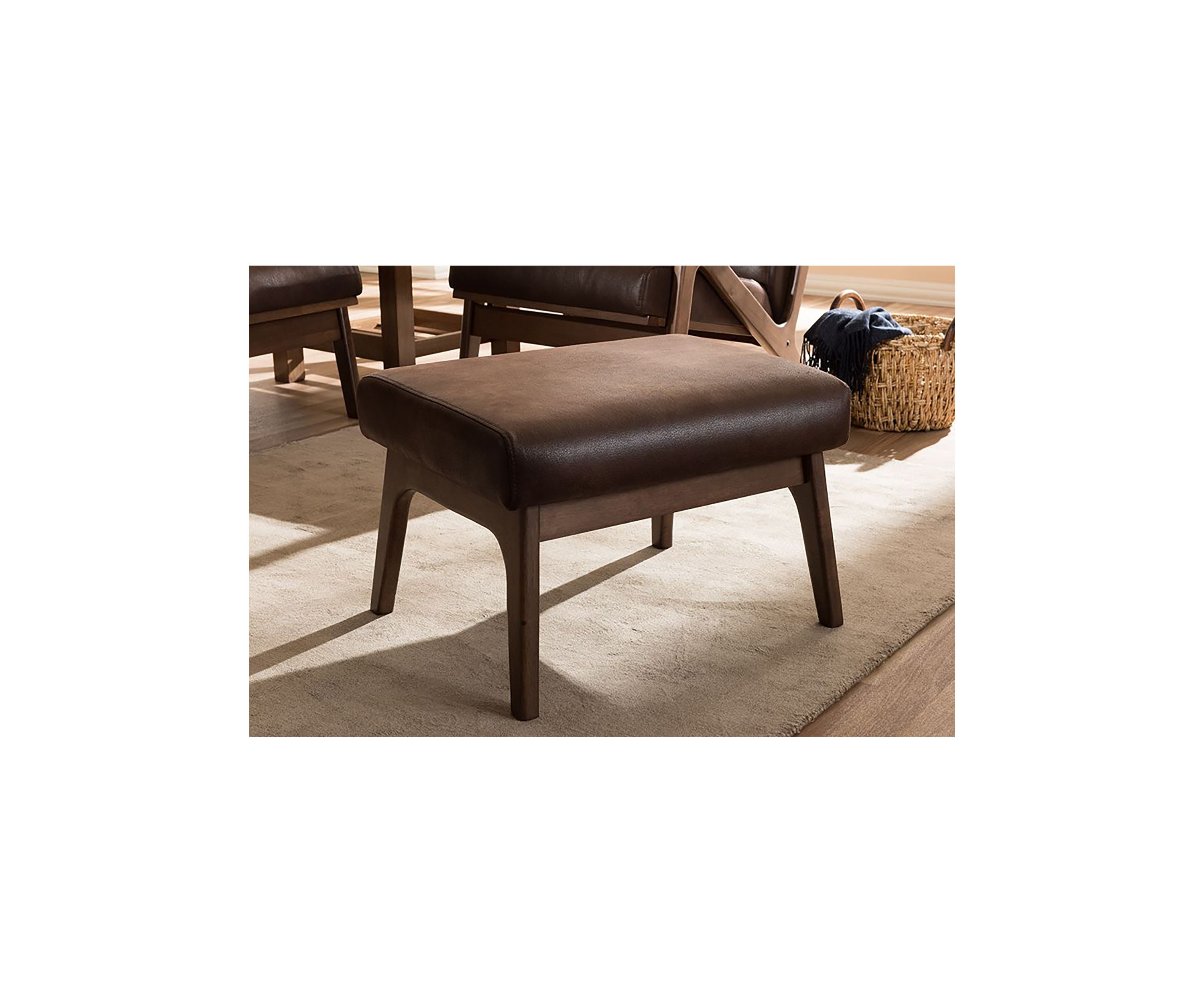 Bianca Mid-Century Modern Walnut Wood Dark Brown Distressed Faux Leather Effect Ottoman