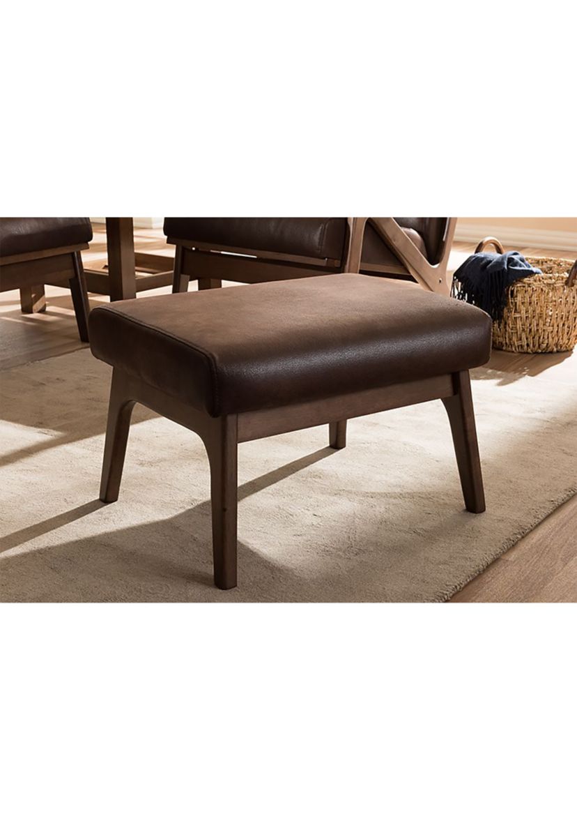 Bianca Mid-Century Modern Walnut Wood Dark Brown Distressed Faux Leather Effect Ottoman