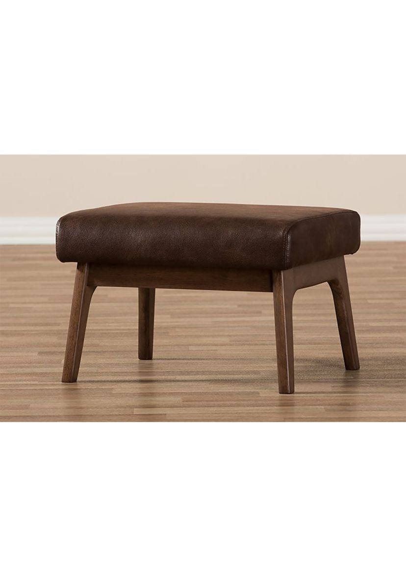 Bianca Mid-Century Modern Walnut Wood Dark Brown Distressed Faux Leather Effect Ottoman