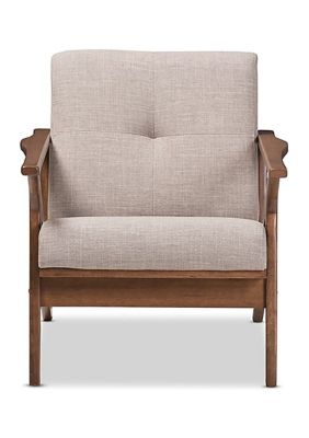 Bianca Mid-Century Modern Walnut Wood Light Grey Fabric Tufted Lounge Chair