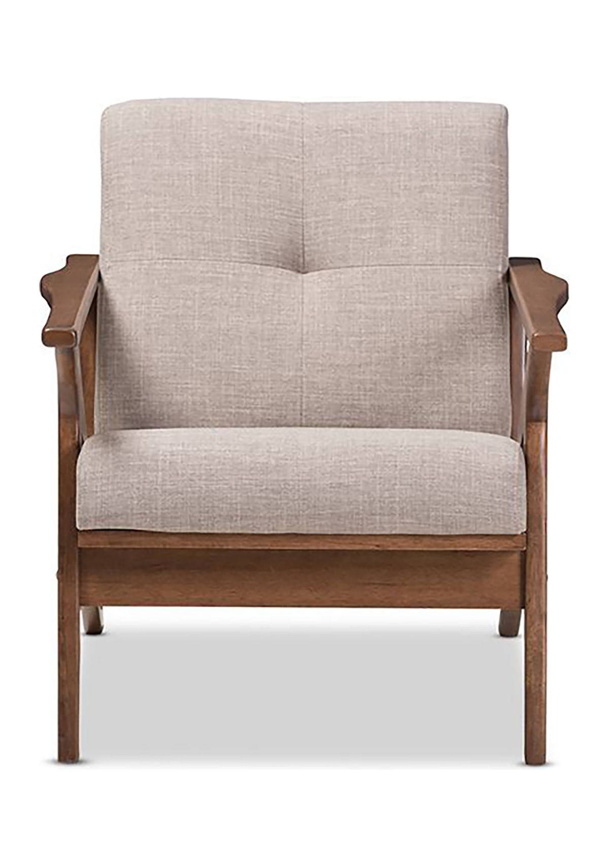 Bianca Mid-Century Modern Walnut Wood Light Grey Fabric Tufted Lounge Chair
