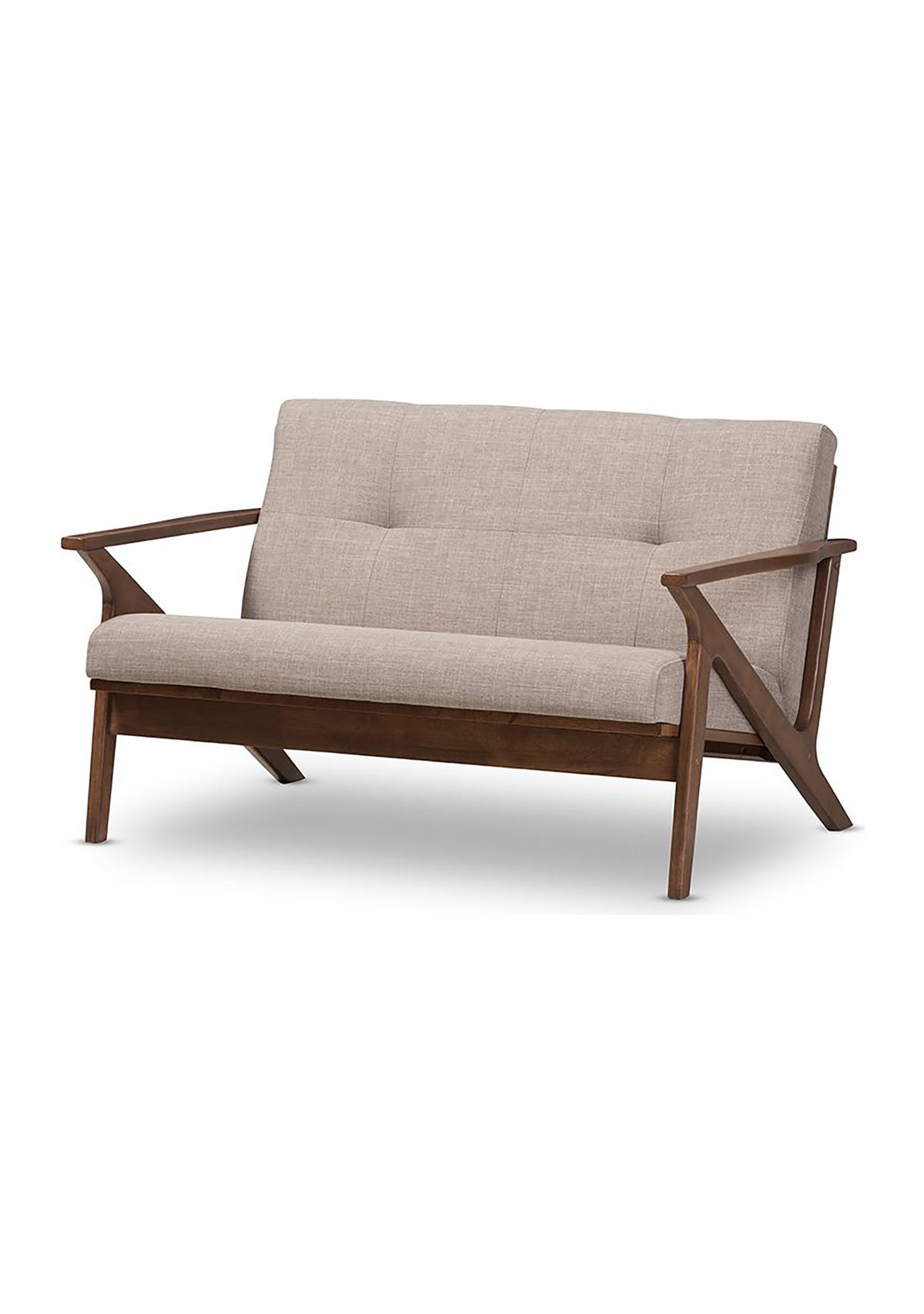 Bianca Mid-Century Modern Walnut Wood Light Grey Fabric Tufted 2-Seater Loveseat