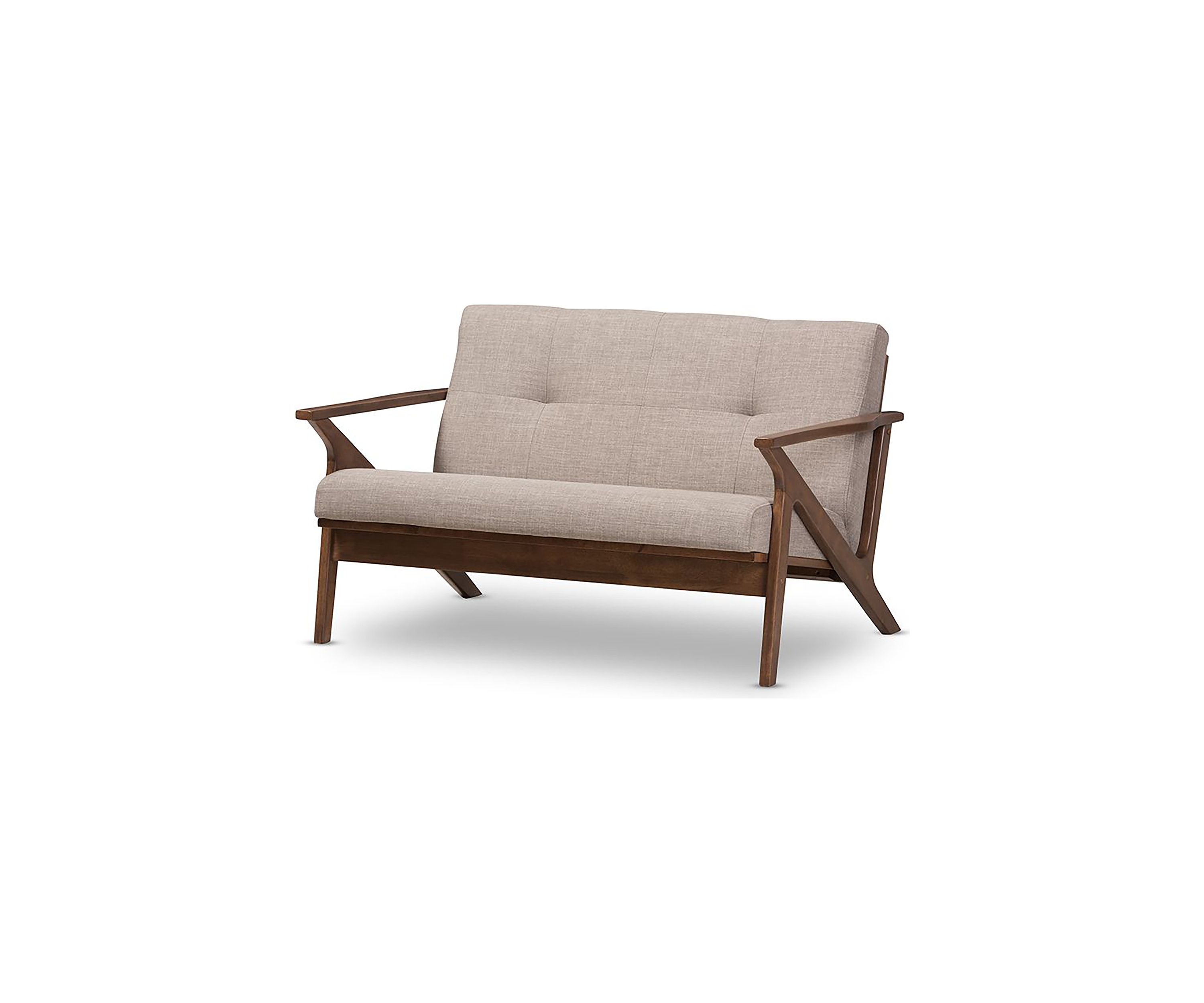 Bianca Mid-Century Modern Walnut Wood Light Grey Fabric Tufted 2-Seater Loveseat