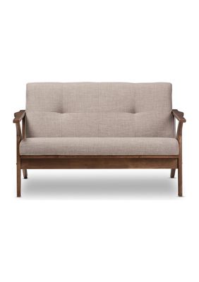 Bianca Mid-Century Modern Walnut Wood Light Grey Fabric Tufted 2-Seater Loveseat