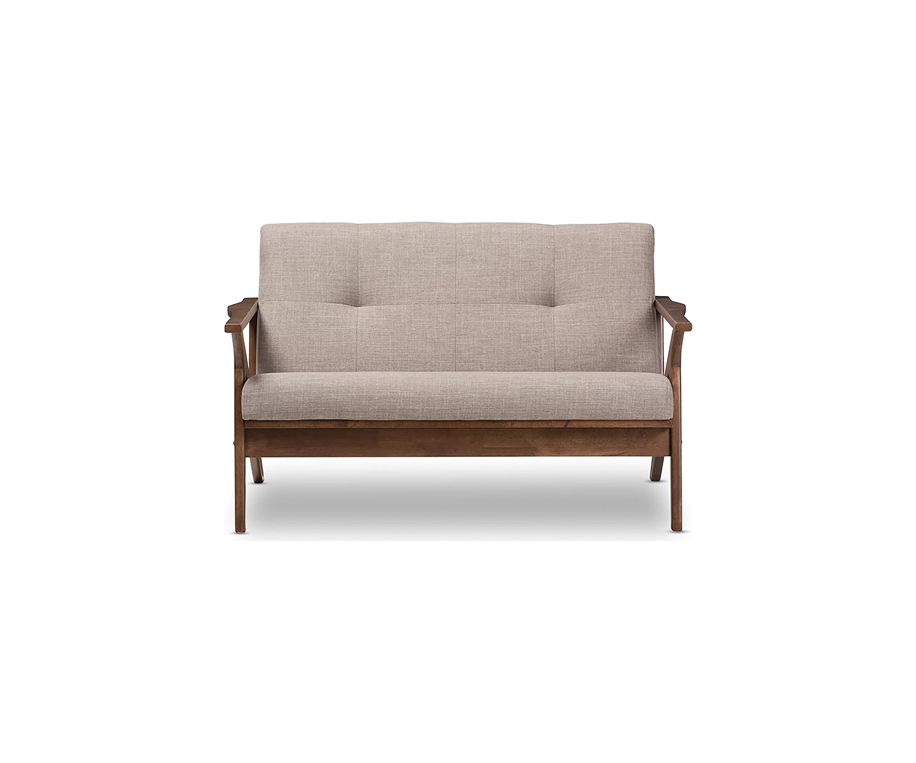Bianca Mid-Century Modern Walnut Wood Light Grey Fabric Tufted 2-Seater Loveseat