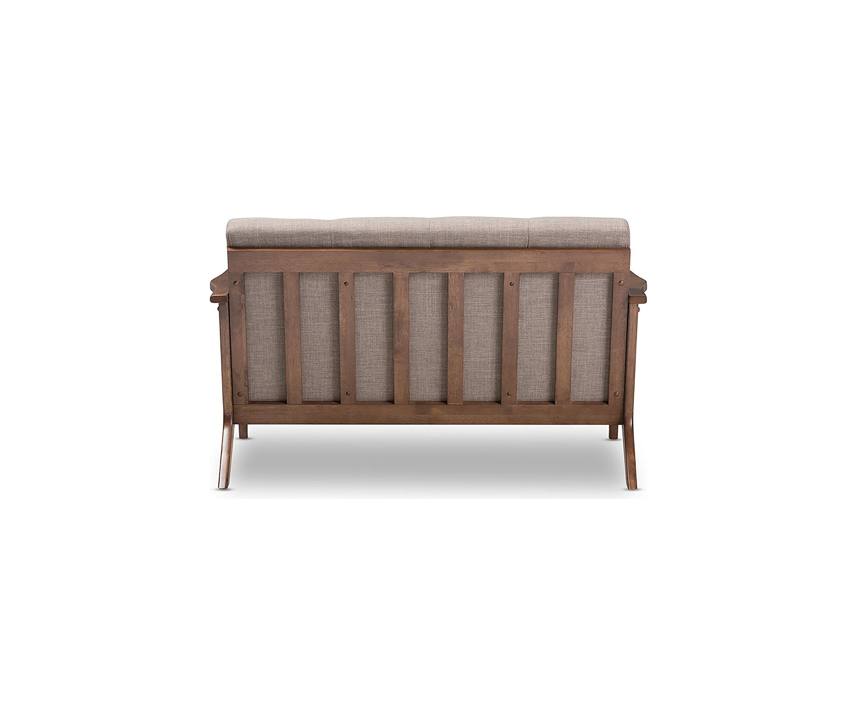 Bianca Mid-Century Modern Walnut Wood Light Grey Fabric Tufted 2-Seater Loveseat