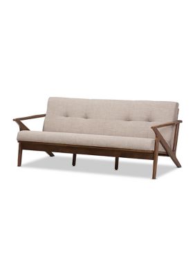 Bianca Mid-Century Modern Walnut Wood Light Grey Fabric Tufted 3-Seater Sofa