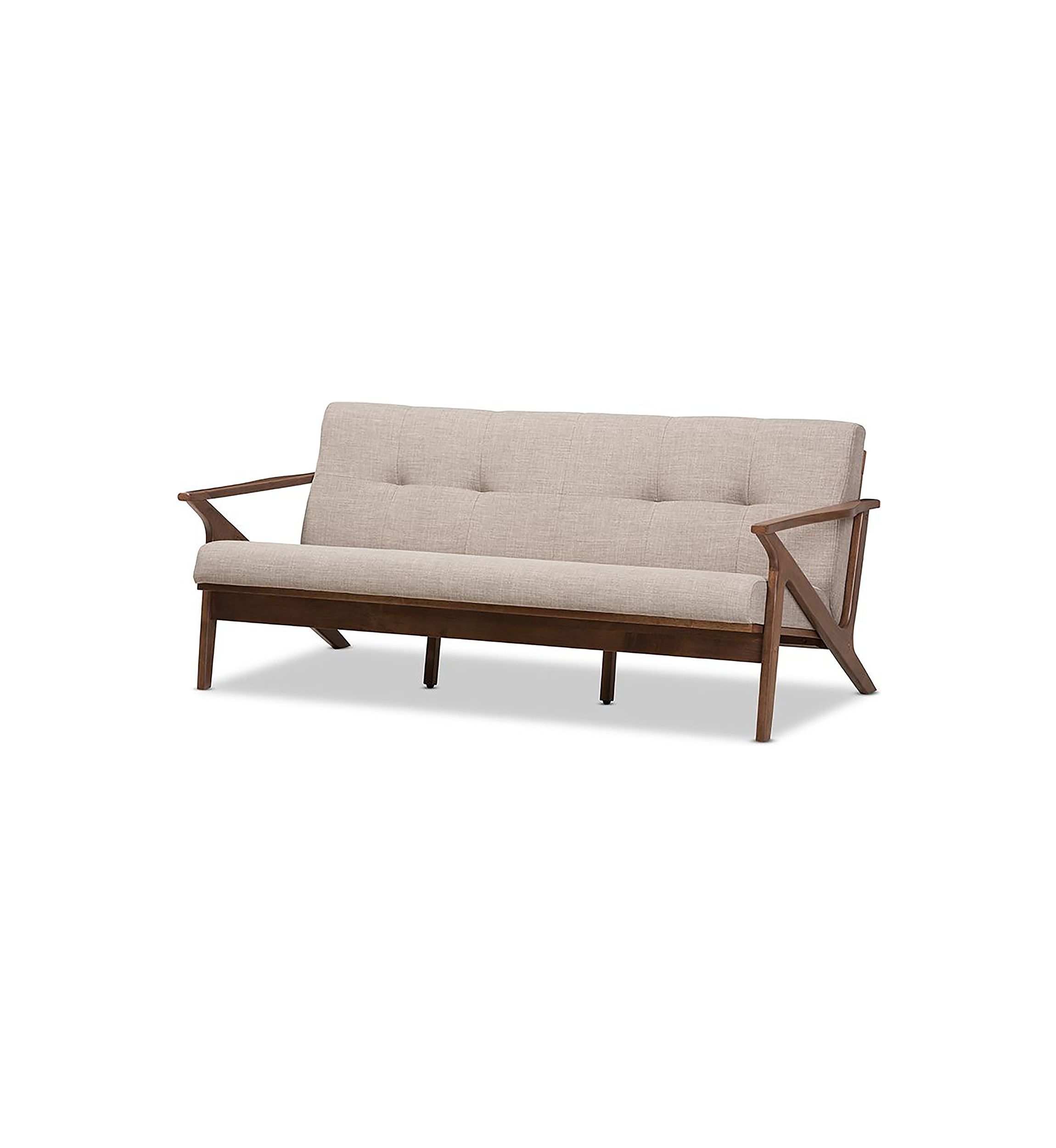 Bianca Mid-Century Modern Walnut Wood Light Grey Fabric Tufted 3-Seater Sofa