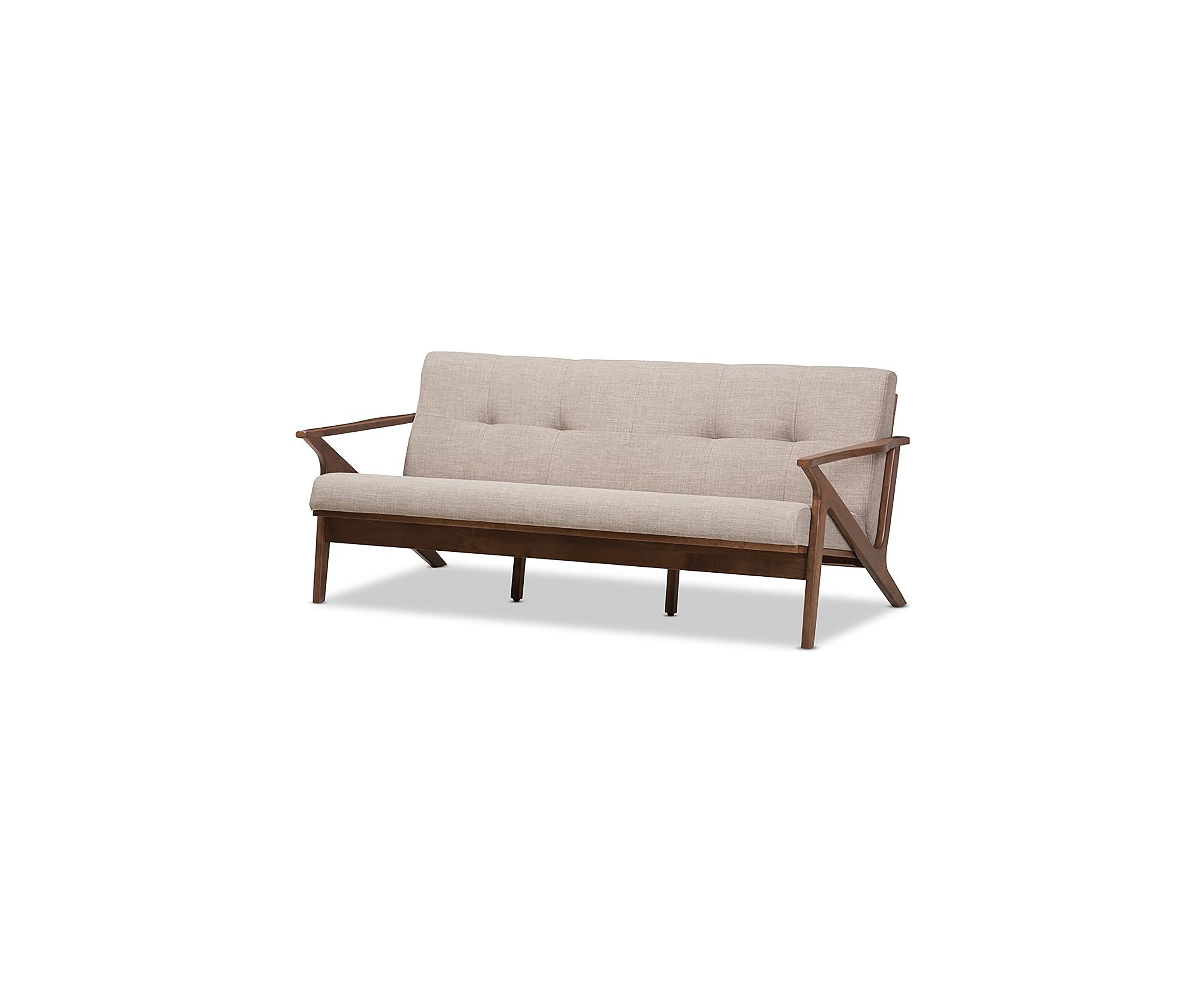 Bianca Mid-Century Modern Walnut Wood Light Grey Fabric Tufted 3-Seater Sofa