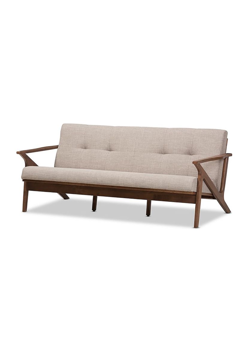 Bianca Mid-Century Modern Walnut Wood Light Grey Fabric Tufted 3-Seater Sofa