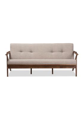 Bianca Mid-Century Modern Walnut Wood Light Grey Fabric Tufted 3-Seater Sofa